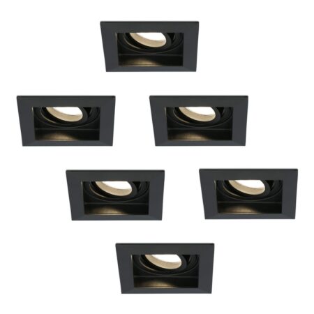 Set van 6 Durham vierkante LED inbouwspots - 4 Watt 345 lumen - 2700k warm wit - GU10 - Dimbaar Kantelbaar - Voor binnen - Zwart | HOFTRONIC