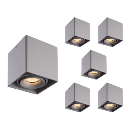 Set van 6 Esto LED vierkante opbouwspots - Dimbaar - Kantelbaar - 4 Watt 345 lumen - 2700K warm wit - GU10 - Plafondspot - Voor binnen - Vervangbare afdekring - Grijs | HOFTRONIC