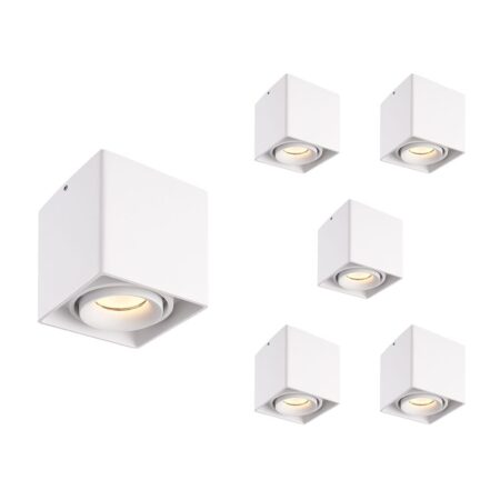 Set van 6 Esto LED vierkante opbouwspots - Dimbaar - Kantelbaar - 4 Watt 345 lumen - 2700K warm wit - GU10 - Plafondspot - Voor binnen - Vervangbare afdekring - Wit | HOFTRONIC