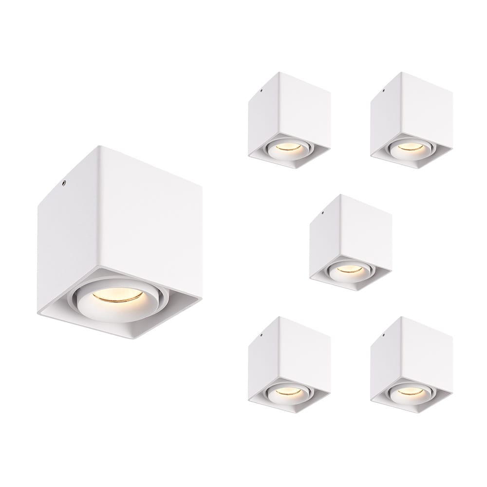 Set van 6 Esto LED vierkante opbouwspots - Dimbaar - Kantelbaar - 4 Watt 345 lumen - 2700K warm wit - GU10 - Plafondspot - Voor binnen - Vervangbare afdekring - Wit | HOFTRONIC