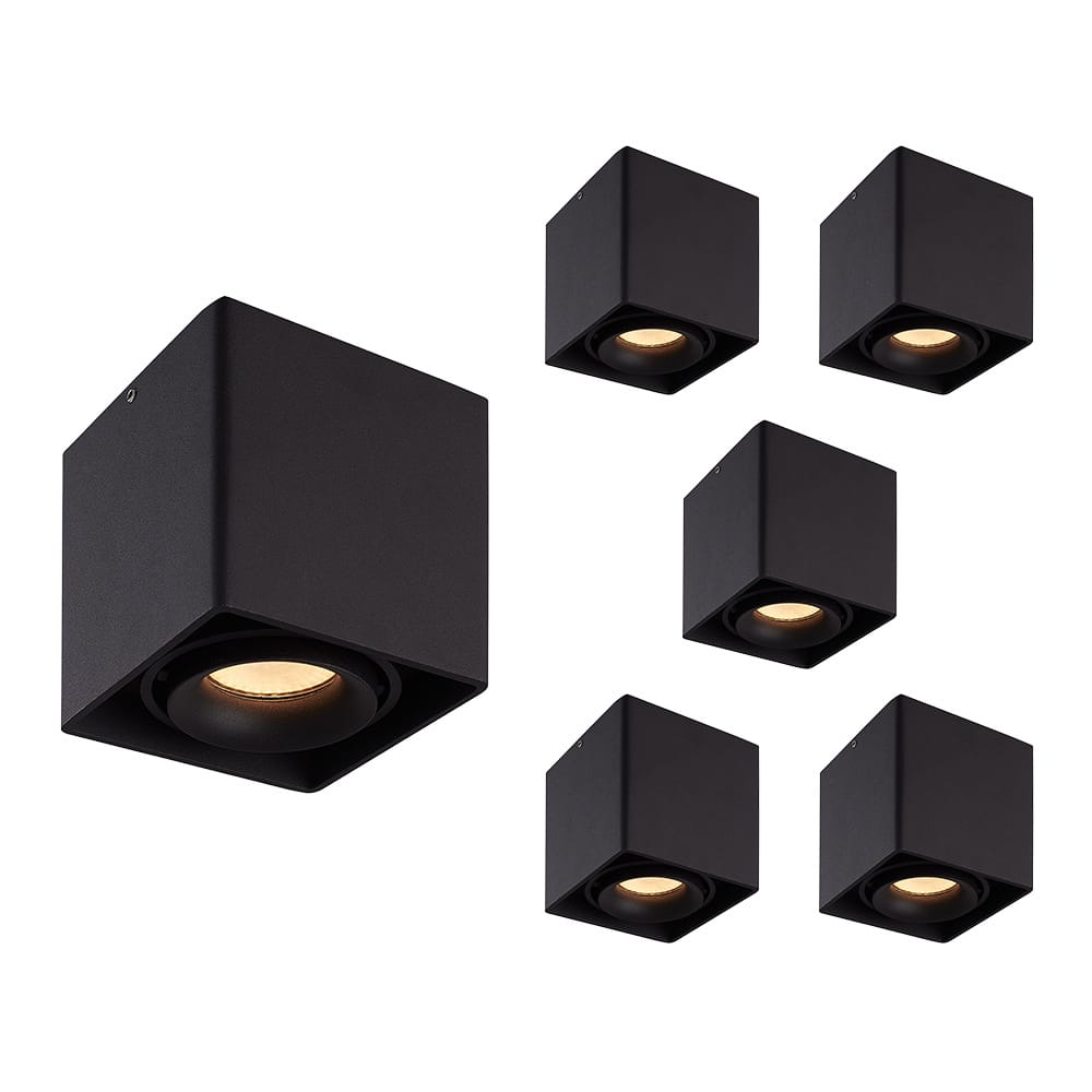 Set van 6 Esto LED vierkante opbouwspots - Dimbaar - Kantelbaar - 4 Watt 345 lumen - 2700K warm wit - GU10 - Plafondspot - Voor binnen - Vervangbare afdekring - Zwart | HOFTRONIC