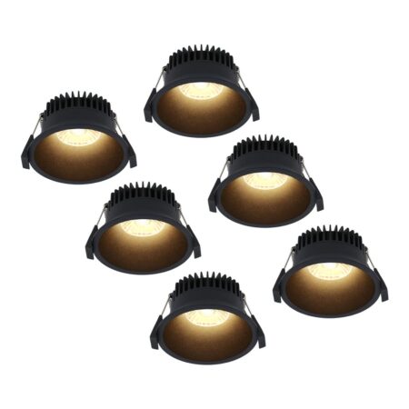 Set van 6 Finn LED inbouwspots - 10 Watt 900lm - 2700K warm wit - Dimbaar - Rond - Verzonken - IP44 waterdicht - Zwart - Voor binnen