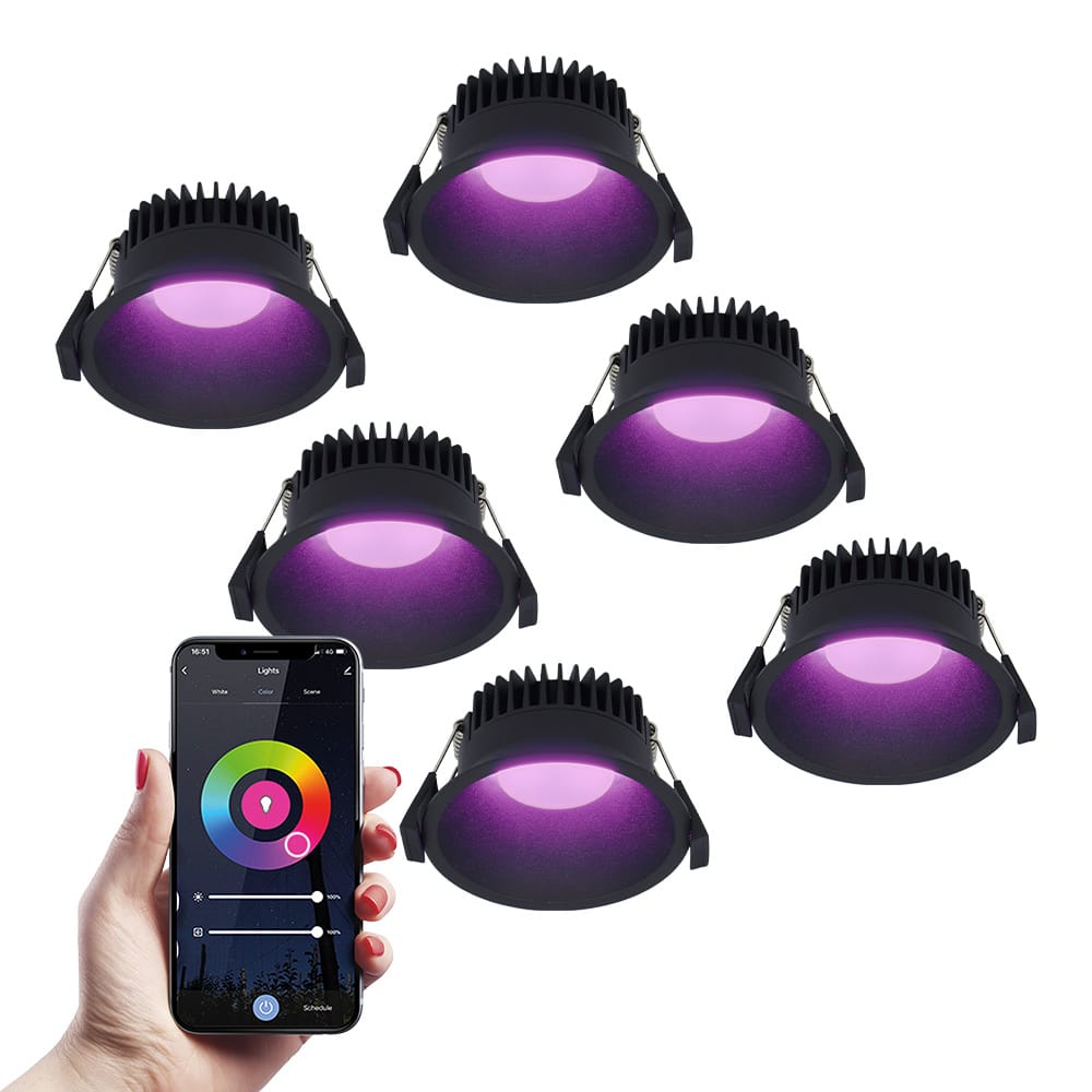 Set van 6 Finn smart inbouwspots - IP44 waterdicht - 10 Watt 630lm - Wifi + Bluetooth - RGBWW - Google Home