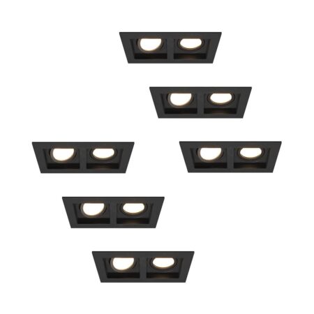 Set van 6 Fresno Dubbele Inbouwspot - Rechthoek - 2x GU10 - 4000K neutraal wit - 8 Watt 690 Lumen - Kantelbaar - IP20 stofdicht - Zwart | HOFTRONIC