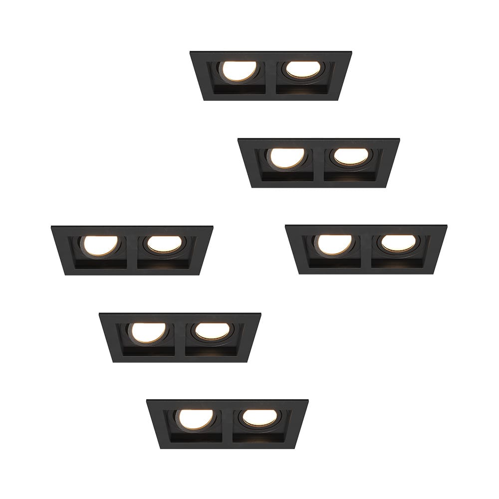 Set van 6 Fresno Dubbele Inbouwspot - Rechthoek - 2x GU10 - 4000K neutraal wit - 8 Watt 690 Lumen - Kantelbaar - IP20 stofdicht - Zwart | HOFTRONIC