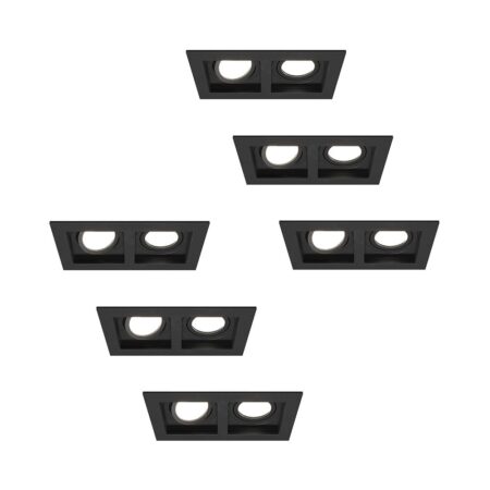 Set van 6 Fresno Dubbele Inbouwspot - Rechthoek - 2x GU10 - 6500K Daglicht wit - 8 Watt 690 Lumen - Kantelbaar - IP20 stofdicht - Zwart | HOFTRONIC