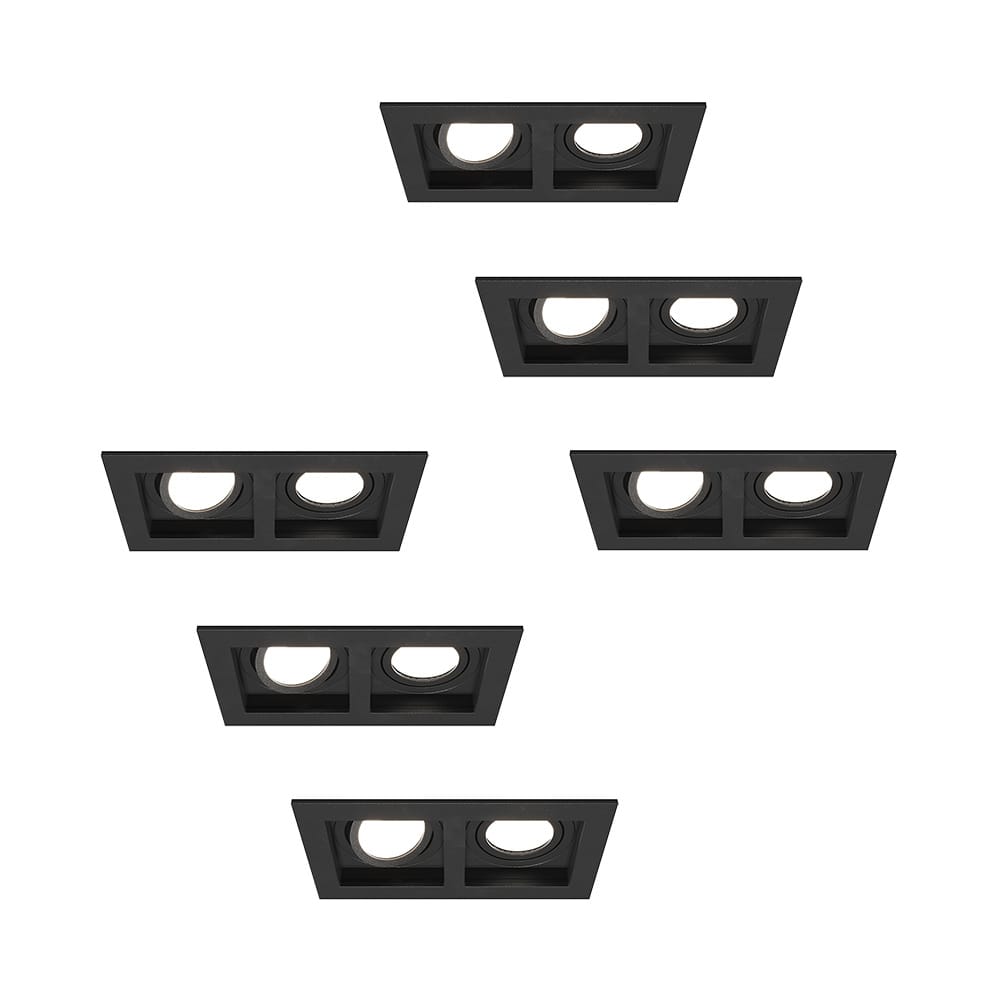 Set van 6 Fresno Dubbele Inbouwspot - Rechthoek - 2x GU10 - 6500K Daglicht wit - 8 Watt 690 Lumen - Kantelbaar - IP20 stofdicht - Zwart | HOFTRONIC