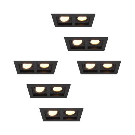 Set van 6 Fresno Dubbele Inbouwspots - Rechthoek - 2x GU10 - 2700K Warm wit - 8 watt 690 lumen - Kantelbaar - IP20 stofdicht - Zwart | HOFTRONIC