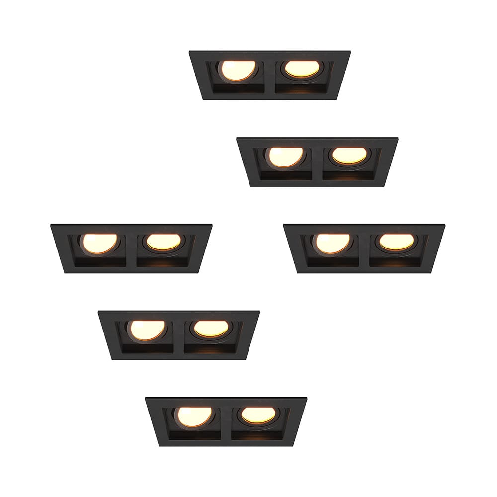Set van 6 Fresno Dubbele Inbouwspots - Rechthoek - 2x GU10 - 2700K Warm wit - 8 watt 690 lumen - Kantelbaar - IP20 stofdicht - Zwart | HOFTRONIC