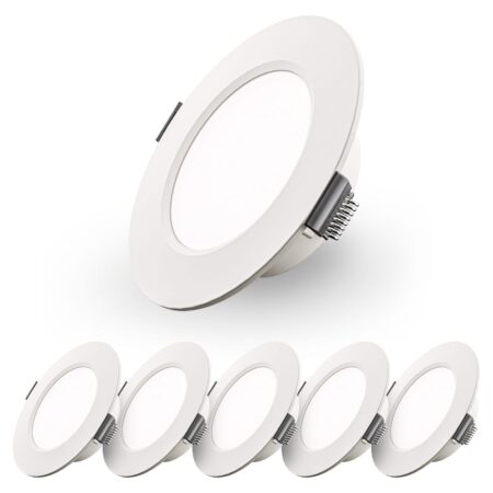 Set van 6 Georgia LED platte Inbouwspots wit - 3W 155lm - Rond - 6500K Daglicht Wit - Ø100 mm - IP20 voor binnen - Inbouwdiepte 25mm | HOFTRONIC