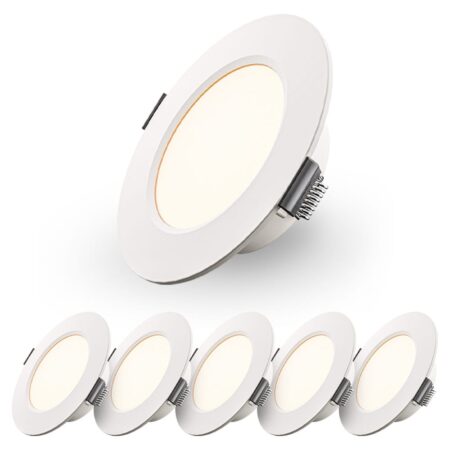 Set van 6 Georgia LED platte Inbouwspots wit - 3W 300lm - Rond - 2700K warm Wit - 91mm - IP20 voor binnen - Inbouwdiepte 25mm | HOFTRONIC