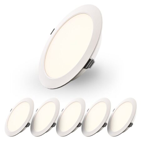Set van 6 Georgia LED platte Inbouwspots wit - inbouwdiepte 25mm - 18 Watt 1820lm - Rond - 2700K warm Wit - Ø220 mm - IP20 voor binnen | HOFTRONIC