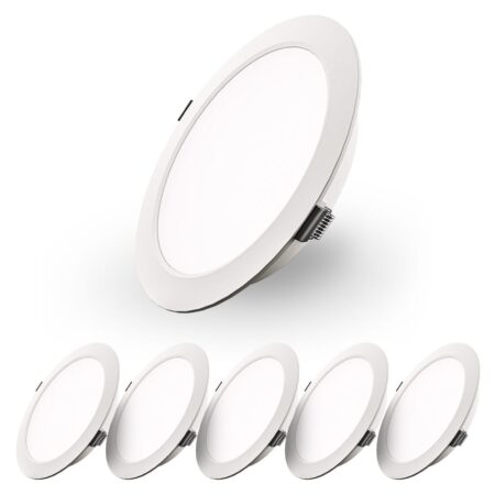 Set van 6 Georgia LED platte Inbouwspots wit - inbouwdiepte 25mm - 18 Watt 1820lm - Rond - 6500K Daglicht Wit - Ø220 mm - IP20 voor binnen | HOFTRONIC