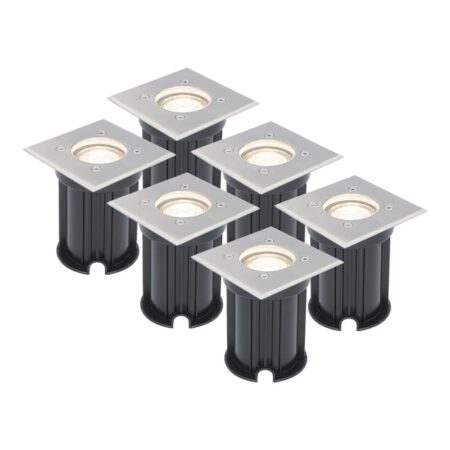 Set van 6 LED Grondspots vierkant buiten - Dimbaar - GU10 - 4000K neutraal wit - 4 Watt 345 Lumen - Tuinspot - Oprit - RVS - IP64 Waterdicht | HOFTRONIC