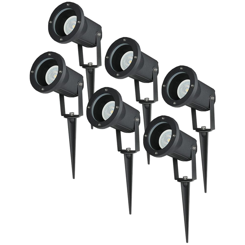 Set van 6 LED prikspots - Dimbaar - Kantelbaar - 6500K daglicht wit - 4 Watt 345 Lumen - IP65 - Waterdicht - Zwart - Tuinspot - tuinverlichting - padverlichting | HOFTRONIC