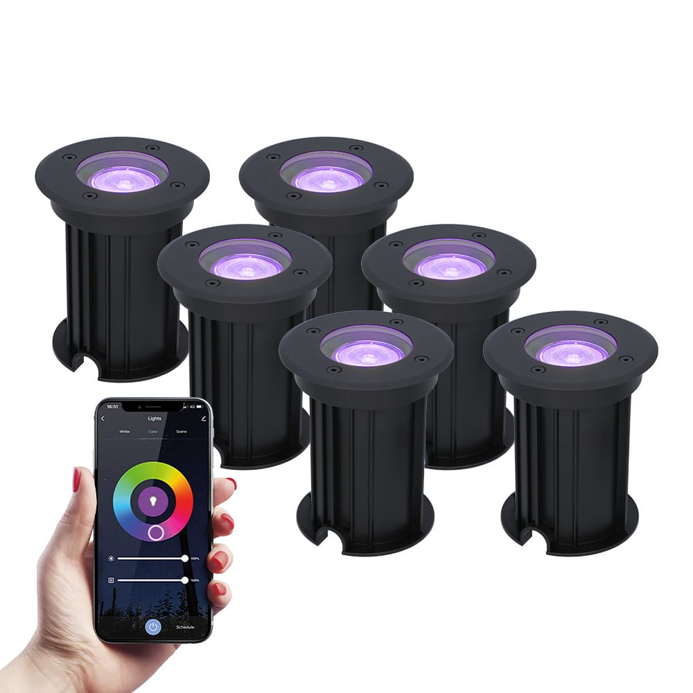 Set van 6 Maisy Smart Grondspots Rond - Ø12cm - 5.5 Watt 345 lumen - RGBWW - Wifi + Bluetooth - Bestuurbaar via app - IP67 waterdicht - Google Home - Amazon Alexa - Zwart | HOFTRONIC SMART