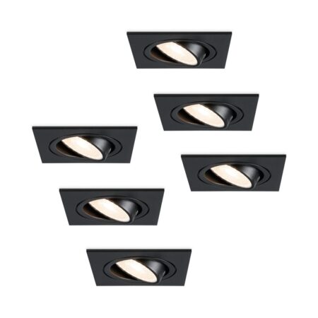 Set van 6 Mallorca LED inbouwspot - IP20 - Kantelbaar - 4 Watt 345 Lumen - 4000K Neutraal wit - GU10 - Dimbaar - Vierkant - Voor binnen - Zwart | HOFTRONIC