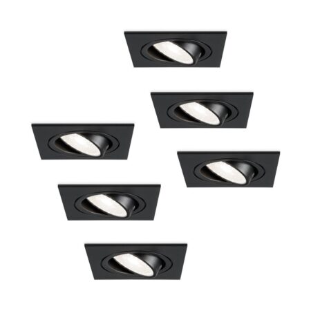 Set van 6 Mallorca LED inbouwspot - IP20 - Kantelbaar - 4 Watt 345 Lumen - 6500K Daglicht wit - GU10 - Dimbaar - Vierkant - Voor binnen - Zwart | HOFTRONIC
