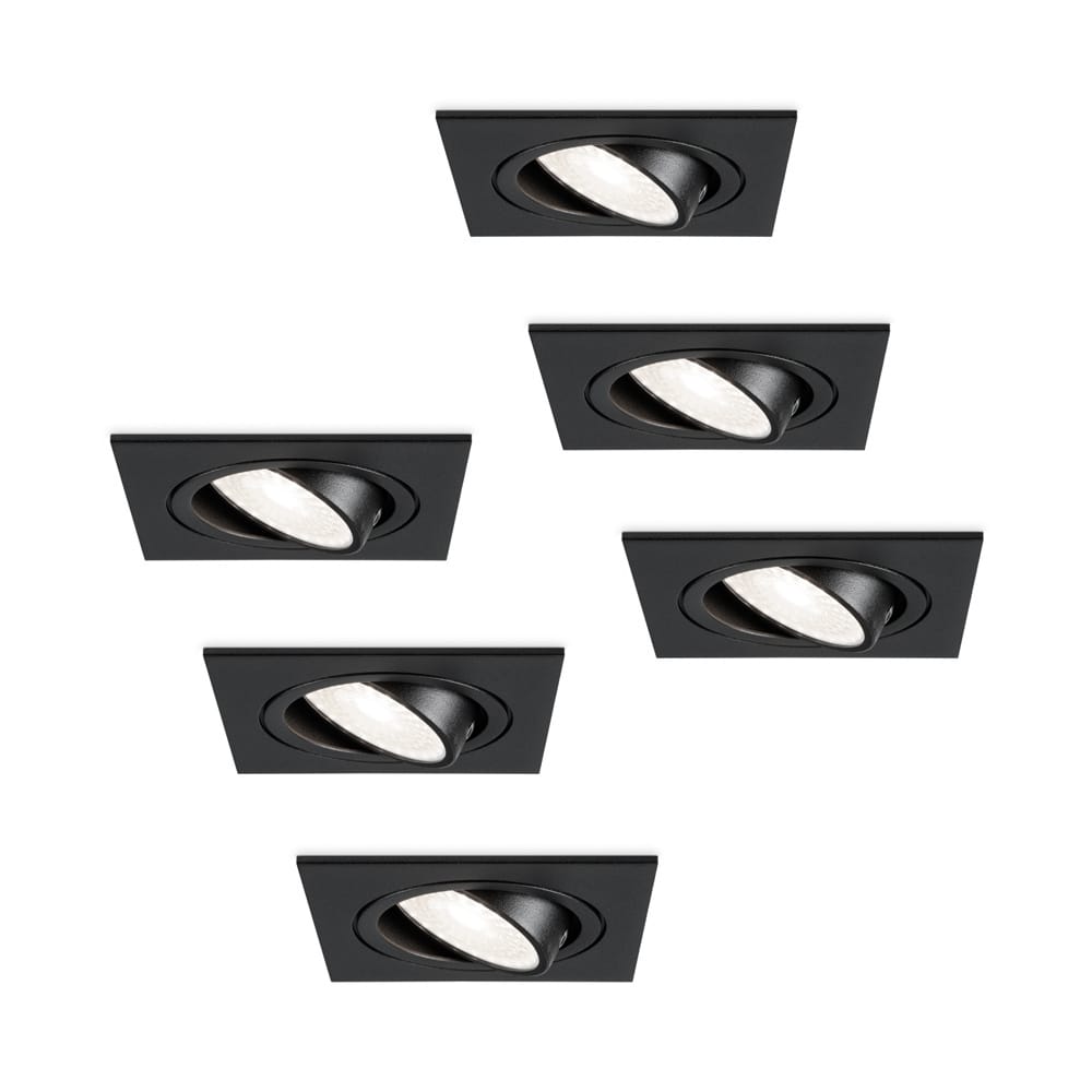 Set van 6 Mallorca LED inbouwspot - IP20 - Kantelbaar - 4 Watt 345 Lumen - 6500K Daglicht wit - GU10 - Dimbaar - Vierkant - Voor binnen - Zwart | HOFTRONIC