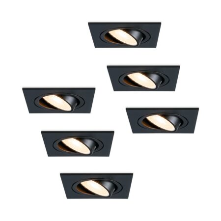 Set van 6 Mallorca LED inbouwspot - IP20 - Kantelbaar - 4 Watt 345 lumen - 2700K warm wit - GU10 - Dimbaar - Vierkant - Voor binnen - Zwart | HOFTRONIC