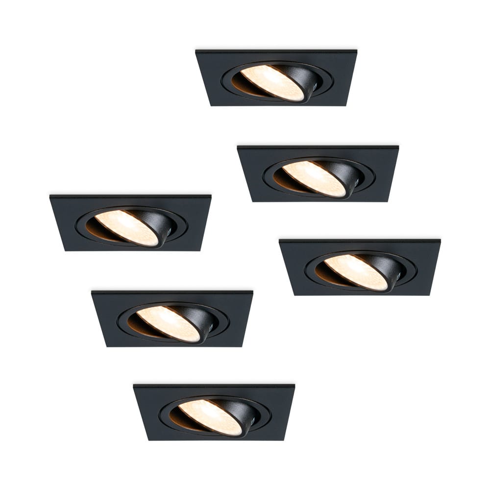 Set van 6 Mallorca LED inbouwspot - IP20 - Kantelbaar - 4 Watt 345 lumen - 2700K warm wit - GU10 - Dimbaar - Vierkant - Voor binnen - Zwart | HOFTRONIC