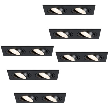 Set van 6 Mallorca LED inbouwspot - IP20 - Kantelbaar - 8 Watt 690 Lumen - 4000K Neutraal wit - Dubbel - GU10 - Dimbaar - Rechthoek - Voor binnen - Zwart | HOFTRONIC