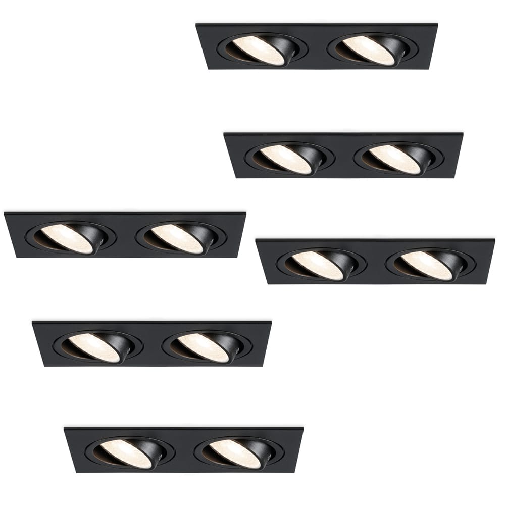 Set van 6 Mallorca LED inbouwspot - IP20 - Kantelbaar - 8 Watt 690 Lumen - 4000K Neutraal wit - Dubbel - GU10 - Dimbaar - Rechthoek - Voor binnen - Zwart | HOFTRONIC