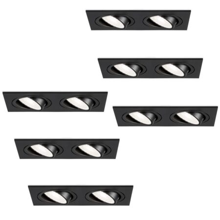 Set van 6 Mallorca LED inbouwspot - IP20 - Kantelbaar - 8 Watt 690 Lumen - 6500K Daglicht wit - Dubbel - GU10 - Dimbaar - Rechthoek - Voor binnen - Zwart | HOFTRONIC