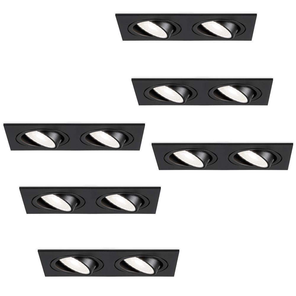 Set van 6 Mallorca LED inbouwspot - IP20 - Kantelbaar - 8 Watt 690 Lumen - 6500K Daglicht wit - Dubbel - GU10 - Dimbaar - Rechthoek - Voor binnen - Zwart | HOFTRONIC