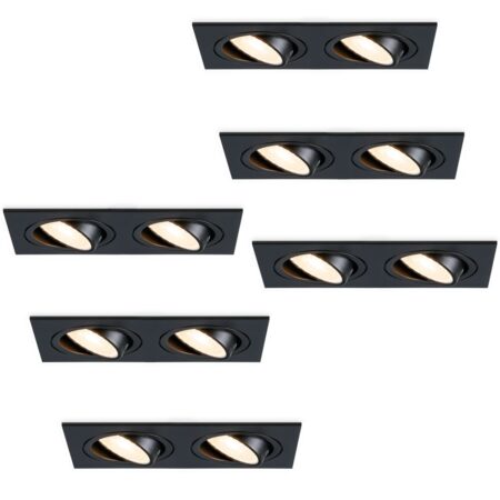 Set van 6 Mallorca LED inbouwspot - IP20 - Kantelbaar - 8 watt 690 lumen - 2700K Warm wit - Dubbel - GU10 - Dimbaar - Rechthoek - Voor binnen - Zwart | HOFTRONIC