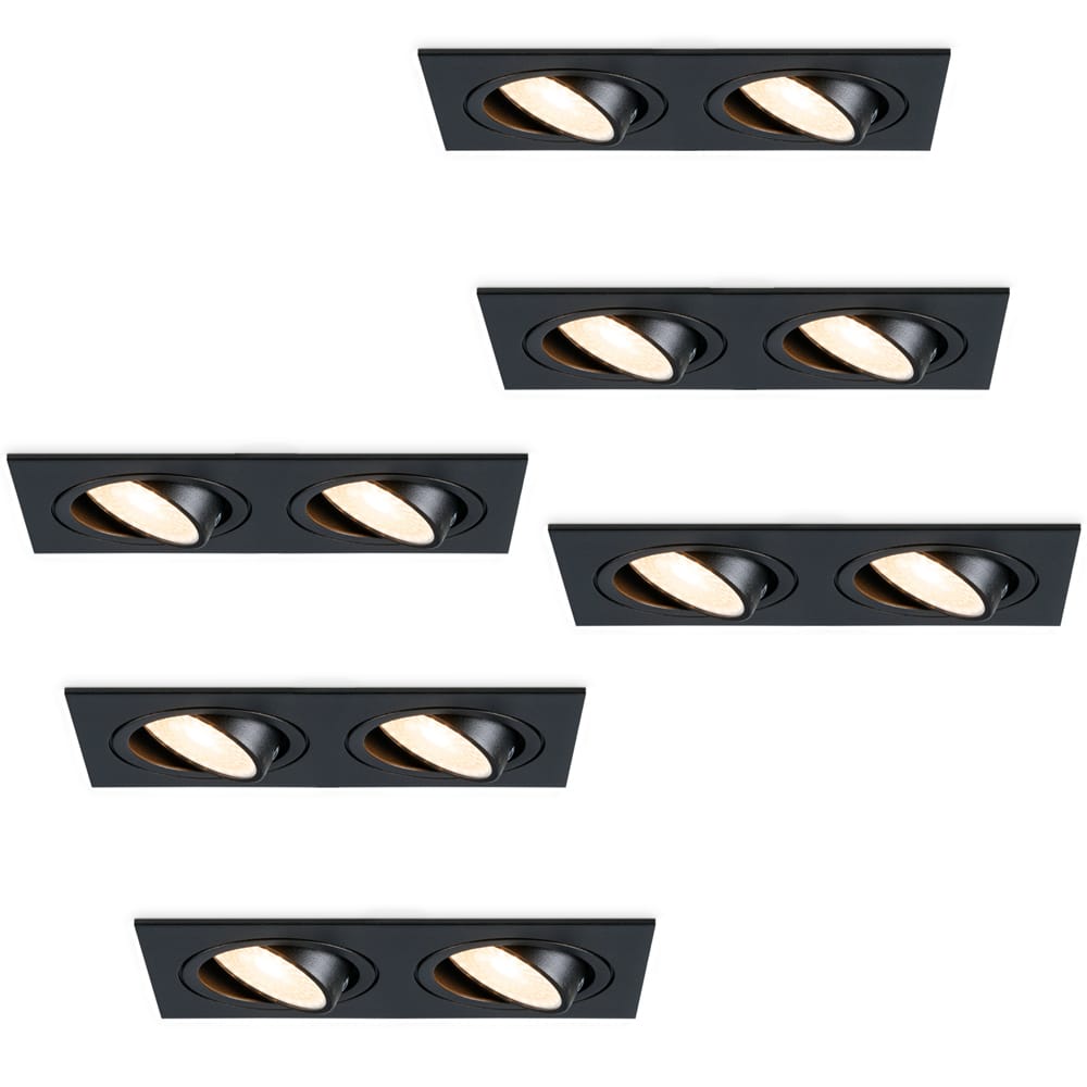 Set van 6 Mallorca LED inbouwspot - IP20 - Kantelbaar - 8 watt 690 lumen - 2700K Warm wit - Dubbel - GU10 - Dimbaar - Rechthoek - Voor binnen - Zwart | HOFTRONIC
