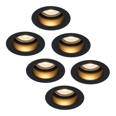 Set van 6 Mari - LED platte inbouwspots met lage inbouwdiepte - 6 Watt 570 Lumen - 2700K Warm wit - GU10 LED Module - Verzonken - Dimbaar - Rond - IP65 waterdicht - Zwart | HOFTRONIC