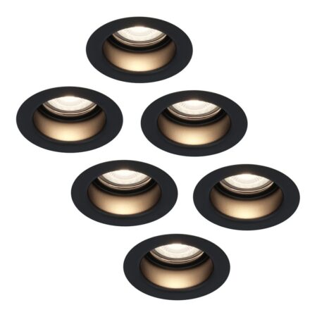 Set van 6 Mari - LED platte inbouwspots met lage inbouwdiepte - 6 Watt 570 Lumen - 4000K Neutraal wit - GU10 LED Module - Verzonken - Dimbaar - Rond - IP65 waterdicht - Zwart | HOFTRONIC