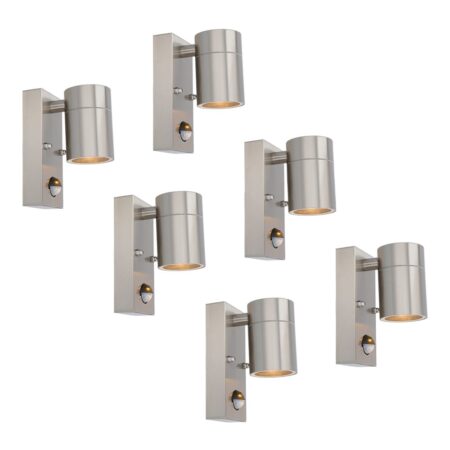 Set van 6 Mason Wandlampen - 2700K Warm Wit - Bewegingssensor en Schemerschakelaar - RVS - IP44 Waterdicht - Wandspot voor binnen en buiten | HOFTRONIC
