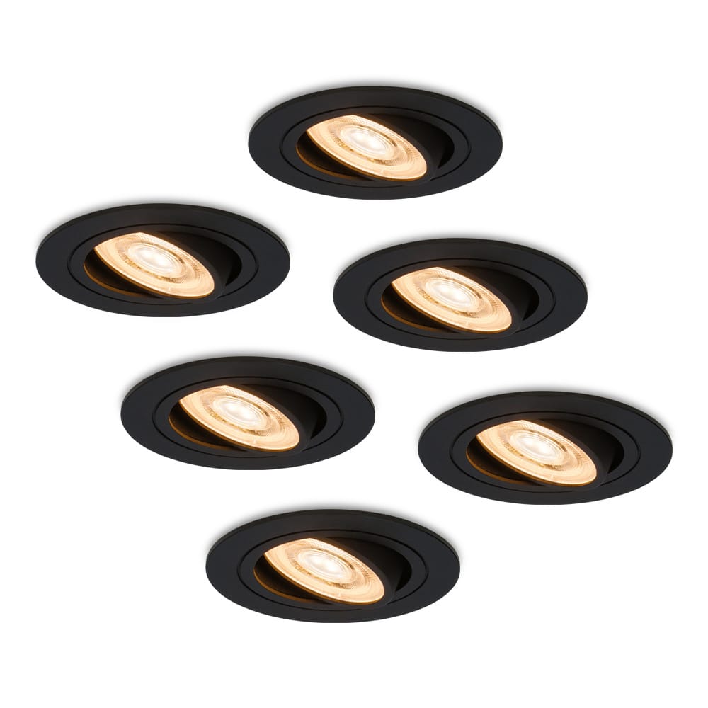Set van 6 Miro LED inbouwspots - 6W 570lm - Extra plat - GU10 LED Module - 2700K warm wit - Dimbaar - Kantelbaar - Voor binnen - Zwart | HOFTRONIC