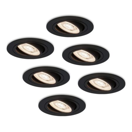 Set van 6 Miro LED inbouwspots - 6W 570lm - GU10 LED Module - Extra plat - 4000K neutraal wit - Dimbaar - Kantelbaar - Voor binnen - Zwart | HOFTRONIC