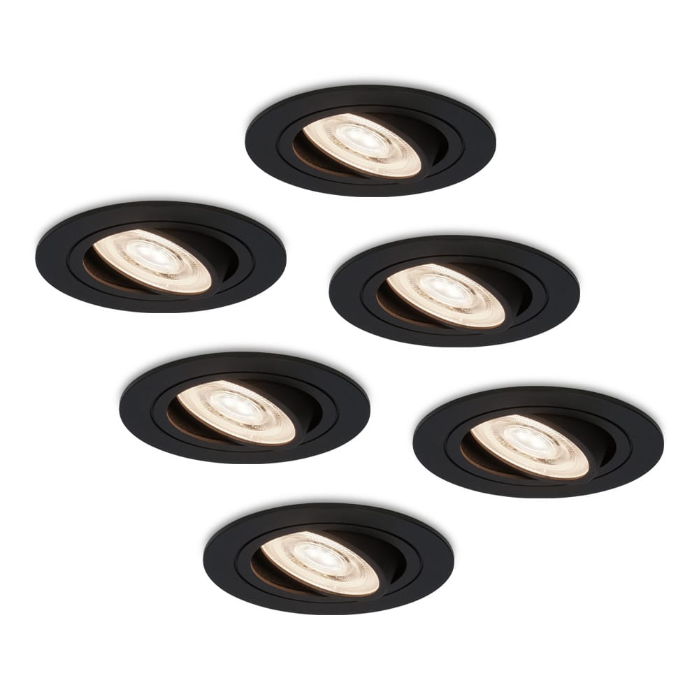 Set van 6 Miro LED inbouwspots - 6W 570lm - GU10 LED Module - Extra plat - 4000K neutraal wit - Dimbaar - Kantelbaar - Voor binnen - Zwart | HOFTRONIC