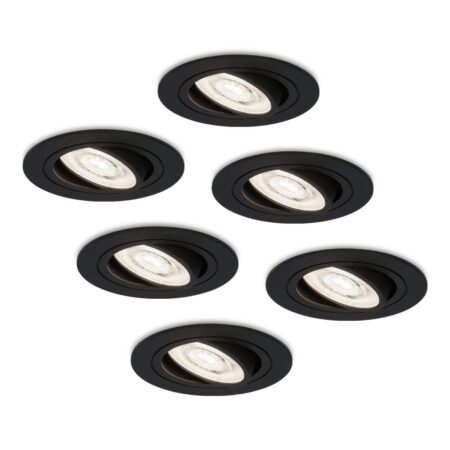 Set van 6 Miro LED inbouwspots - Extra plat 58mm - GU10 LED Module - 6000K daglicht wit - Dimbaar - Rond - Kantelbaar - Voor binnen - Zwart | HOFTRONIC