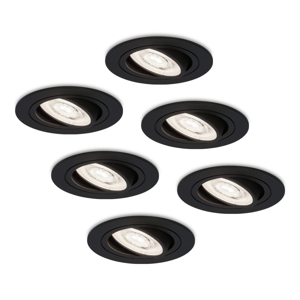 Set van 6 Miro LED inbouwspots - Extra plat 58mm - GU10 LED Module - 6000K daglicht wit - Dimbaar - Rond - Kantelbaar - Voor binnen - Zwart | HOFTRONIC