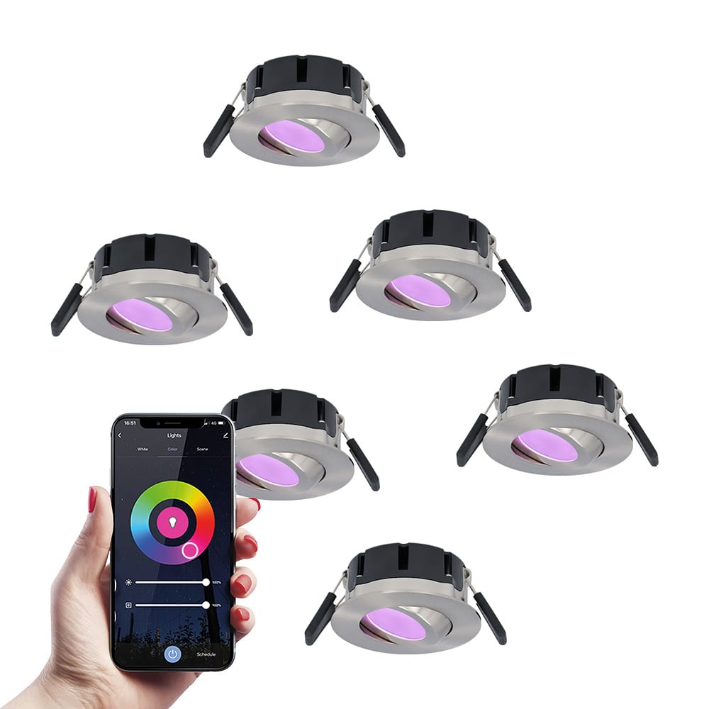 Set van 6 Napels smart inbouwspots - IP65 Waterdicht - 8 Watt 600 Lumen - Kantelbaar - Wifi + Bluetooth - RGBWW - Google Home