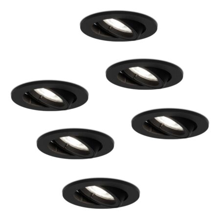 Set van 6 Oslo LED inbouwspot - 4 Watt 345 Lumen - 6500K Neutraal wit - GU10 - Dimbaar - Rond - Kantelbaar - IP20 Stofdicht - Zwart | HOFTRONIC