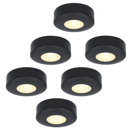 Set van 6 Pavo - Platte LED opbouwspots 23mm - 3W 300lm - 2700K - Dimbaar - Rond - IP44 - Zwart | HOFTRONIC