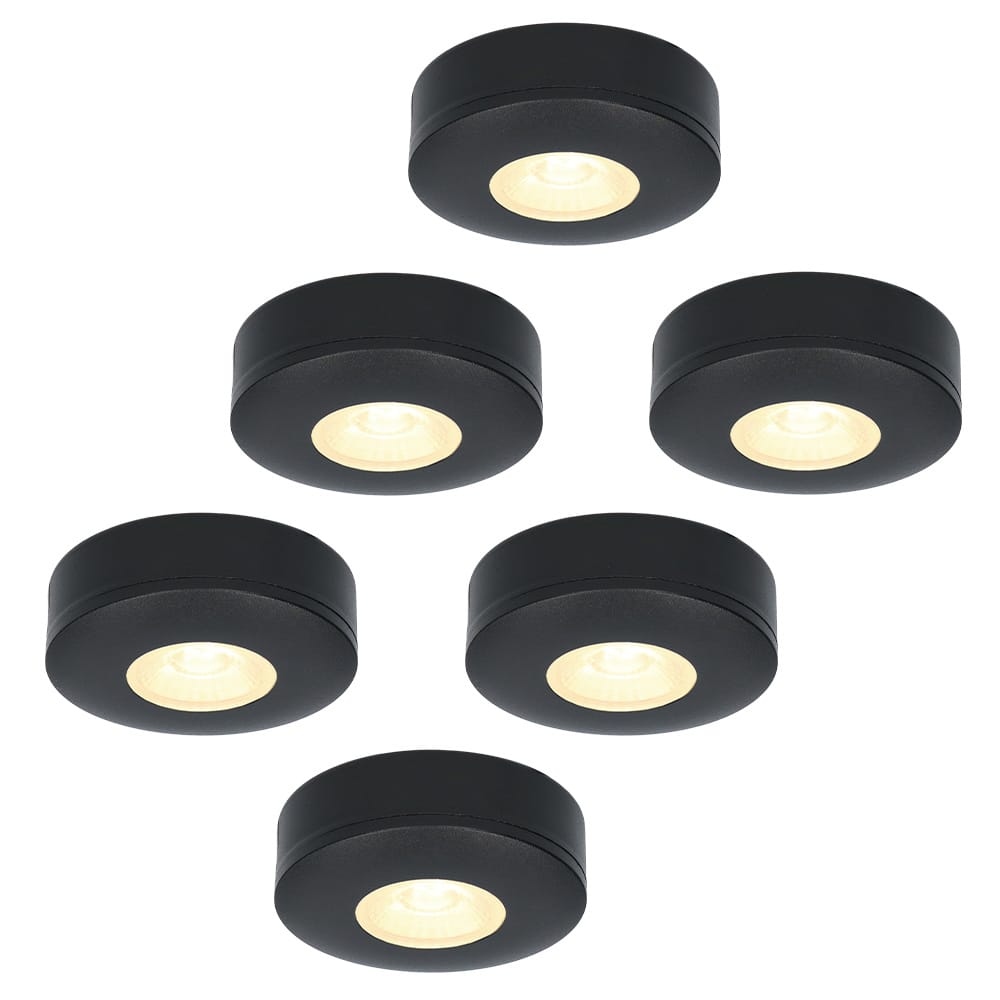 Set van 6 Pavo - Platte LED opbouwspots 23mm - 3W 300lm - 2700K - Dimbaar - Rond - IP44 - Zwart | HOFTRONIC
