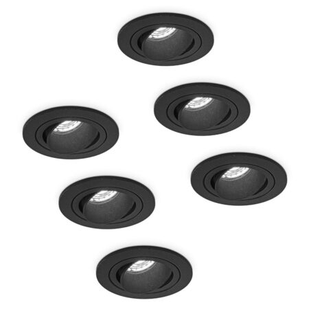 Set van 6 Philadelphia LED inbouwspots - Dimbaar - Incl. GU10 - 6500K - 4 Watt - Zwart - Kantelbaar - IP20 voor binnen - Rond | HOFTRONIC