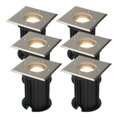 Set van 6 Ramsay LED Grondspot - Dimbaar - Vierkant - GU10 - 4 Watt 345 Lumen - 6500K daglicht wit - RVS - IP67 waterdicht - Tuinspot - Oprit | HOFTRONIC