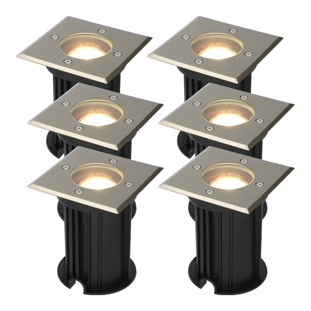 Set van 6 Ramsay LED Grondspot - Dimbaar - Vierkant - GU10 - 4 Watt 345 lumen - 2700K warm wit - RVS - IP67 waterdicht - Tuinspot - Oprit | HOFTRONIC