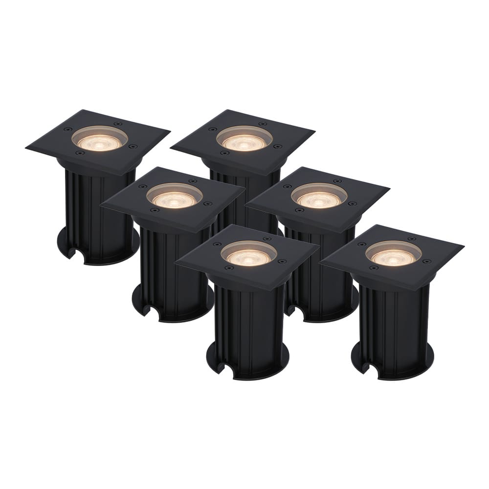 Set van 6 Ramsay LED Grondspots vierkant - Dimbaar - GU10 - 2700K warm wit - 4 Watt 345 lumen - Tuinspot - Zwart - IP67 waterdicht - Overrijdbaar voor de Oprit
