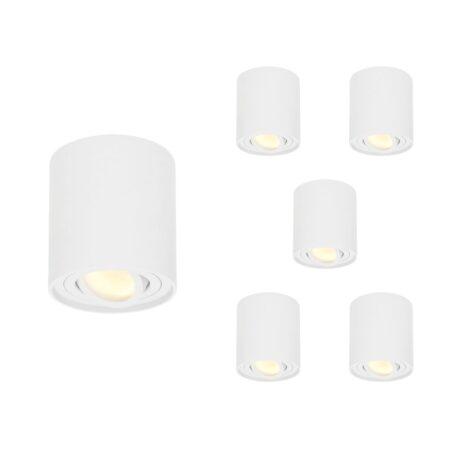 Set van 6 Ray LED opbouwspots - Rond - Dimbaar - 4 Watt 345 lumen - 2700K warm wit - Kantelbaar - GU10 - Plafondspot - IP20 Voor binnen - Wit | HOFTRONIC