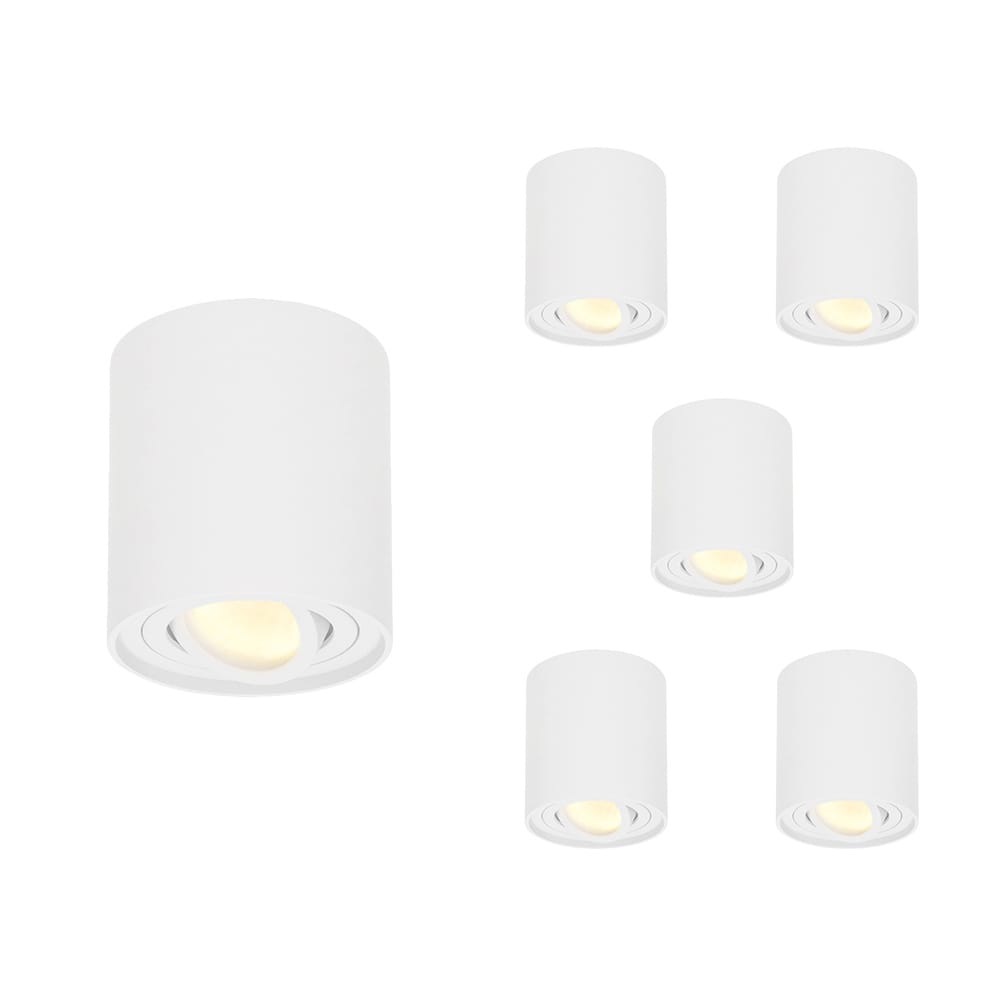 Set van 6 Ray LED opbouwspots - Rond - Dimbaar - 4 Watt 345 lumen - 2700K warm wit - Kantelbaar - GU10 - Plafondspot - IP20 Voor binnen - Wit | HOFTRONIC