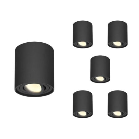 Set van 6 Ray LED opbouwspots - Rond - Dimbaar - 4 Watt 345 lumen - 2700K warm wit - Kantelbaar - GU10 - Plafondspot - IP20 Voor binnen - Zwart | HOFTRONIC